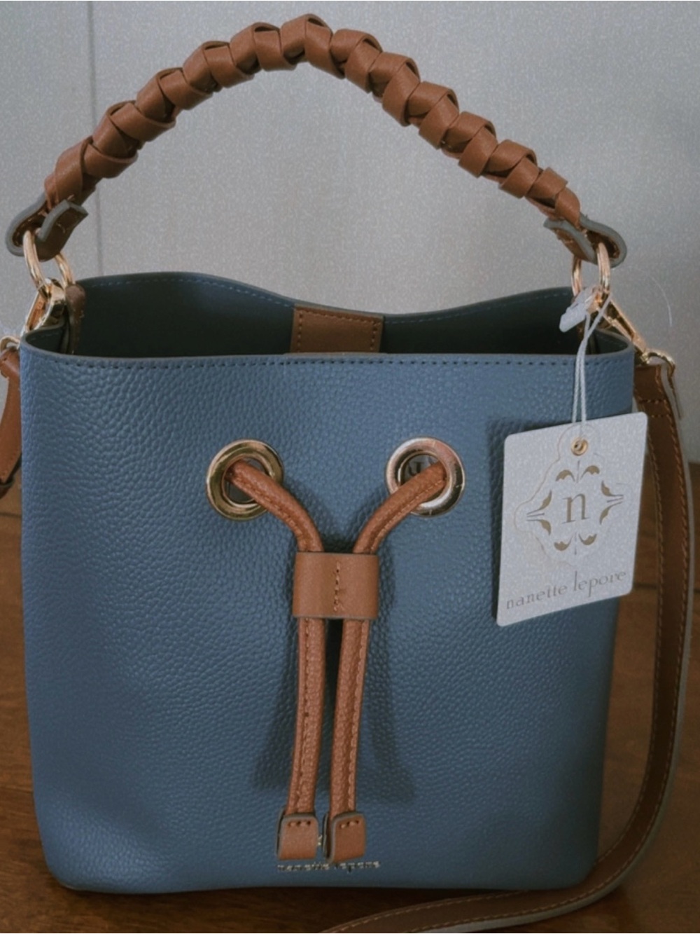 Nanette Lepore Blue and Tan Braided-Handle Bucket Bag